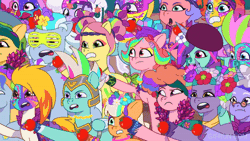 Size: 520x293 | Tagged: safe, screencap, alphabittle blossomforth, alpine aspen, cherry flyaway, elderberry blossom, flare (g5), jazz hooves, nightracer, onyx, peach fizz, posey bloom, shiny sparks, strawberry blonde, sugarpuff lilac, thunder flap, windy, earth pony, pegasus, pony, unicorn, diva and conquer, g5, my little pony: tell your tale, spoiler:g5, spoiler:my little pony: tell your tale, spoiler:tyts01e56, animated, female, filly, foal, food, male, mare, pegasus royal guard, pippsqueaks, royal guard, stallion, tomato