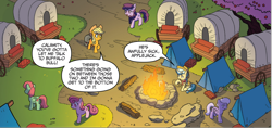 Size: 1712x810 | Tagged: safe, artist:tony fleecs, idw, official comic, applejack, calamity mane, checkpoint (g4), codling apple, cupid arrow, peak elevation, earth pony, pony, friends forever #33, g4, my little pony: friends forever, spoiler:comic, braid, campfire, car, cherry blossoms, cherry tree, comic, cowboy hat, female, hat, mare, tent, tree