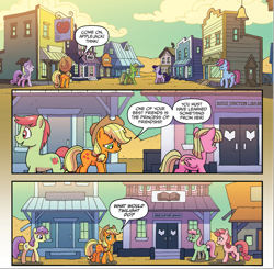 Size: 1717x1686 | Tagged: safe, artist:tony fleecs, idw, official comic, applejack, earth pony, pony, friends forever #33, g4, my little pony: friends forever, spoiler:comic, braid, building, comic, cowboy hat, female, hat, mare, stetson, unnamed character, unnamed pony