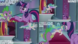 Size: 2000x1125 | Tagged: safe, edit, edited screencap, editor:quoterific, screencap, princess celestia, spike, twilight sparkle, alicorn, dragon, pony, g4, horse play, butt, plot, throne, throne room, twibutt, twilight sparkle (alicorn)