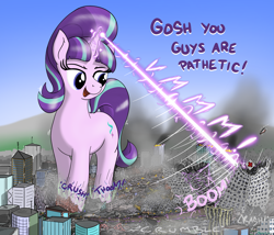 Size: 2802x2396 | Tagged: safe, artist:qkersnll, starlight glimmer, pony, unicorn, g4, blast, city, destruction, evil, female, giant pony, giantess, gulag, high res, macro, magic, magic blast, mare, s5 starlight, solo, telekinesis, this will end in communism, victorious villain, xk-class end-of-the-world scenario