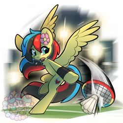 Size: 852x849 | Tagged: safe, artist:oofycolorful, oc, oc only, pegasus, pony, badminton, eye clipping through hair, female, flower, flower in hair, open mouth, racket, solo, sports