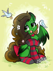 Size: 623x828 | Tagged: safe, artist:oofycolorful, oc, oc only, bird, pegasus, pony, bow, clothes, colored wings, female, flower, flower in hair, looking at you, open mouth, open smile, pegasus oc, smiling, socks, solo, striped socks, tail, tail bow, wings