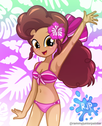 Size: 2015x2490 | Tagged: safe, artist:rjp.rammy, oc, oc only, oc:christina, human, equestria girls, g4, armpits, bare shoulders, belly button, bikini, breasts, cleavage, clothes, cute, female, high res, looking at you, ocbetes, open mouth, open smile, reasonably sized breasts, signature, sleeveless, smiling, smiling at you, solo, swimsuit