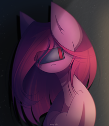 Size: 2000x2300 | Tagged: safe, artist:miryelis, pinkie pie, earth pony, pony, g4, battery, big ears, black background, eye clipping through hair, high res, long hair, low battery, no eyes, pinkamena diane pie, sad, signature, simple background, solo, vent art