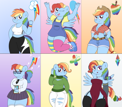 Size: 7551x6618 | Tagged: safe, artist:sparkfler85, derpibooru exclusive, rainbow dash, pegasus, pony, anthro, g4, newbie dash, season 6, alternate cutie mark, alternate hairstyle, applejack's hat, beautiful, behaving like pinkie pie, belly button, belt, boob window, book, bracelet, breasts, care mare, cleavage, clothes, cowboy hat, cute, cutie mark background, daring do book, denim, dress, dynamic dash, ear piercing, earring, excited, female, folded wings, food, forthright filly, front knot midriff, garter belt, gloves, gradient background, hairpin, hand on head, hand on hip, hat, holding, holding a book, jeans, jewelry, jumping, leggings, lipstick, long gloves, makeup, manebow sparkle, midriff, necklace, necktie, open clothes, open shirt, overalls, pants, piercing, plaid shirt, ponytail, pose, rainbow dash always dresses in style, rainbow fash, reading rainboom, ripped jeans, ripped pants, sexy, shirt, shoes, shorts, side slit, skirt, smiling, spread wings, stockings, sweater, thigh highs, torn clothes, total sideslit, wheat, wings