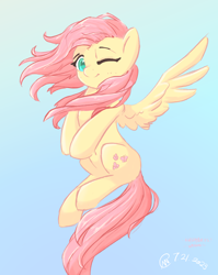 Size: 3078x3870 | Tagged: safe, artist:youle, derpibooru exclusive, fluttershy, pegasus, pony, g4, belly button, cute, female, gradient background, high res, looking at you, mare, one eye closed, shyabetes, signature, smiling, smiling at you, solo, spread wings, tail, three quarter view, windswept mane, windswept tail, wings, wink, winking at you