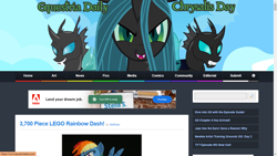 Size: 1366x768 | Tagged: safe, edit, screencap, queen chrysalis, rainbow dash, changeling, pegasus, pony, equestria daily, g4, adobe, advertisement, chrysalis day, female, looking at you, solo, website