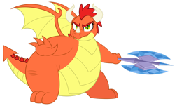 Size: 1280x775 | Tagged: safe, artist:aleximusprime, oc, oc only, oc:beo tuag, oc:billow the dragon, dragon, flurry heart's story, axe, belly, big belly, chubby, dragon oc, dragoness, fat, female, fighting stance, non-pony oc, simple background, solo, spread wings, transparent background, weapon, wings