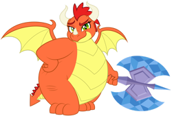 Size: 1280x866 | Tagged: safe, artist:aleximusprime, oc, oc only, oc:beo tuag, oc:billow the dragon, dragon, flurry heart's story, axe, bedroom eyes, belly, big belly, dragon oc, dragoness, fat, female, hand on hip, looking at you, non-pony oc, simple background, smiling, solo, spread wings, sultry pose, transparent background, weapon, wings