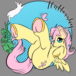 Size: 1500x1500 | Tagged: safe, artist:nostalgic_litmoon, fluttershy, butterfly, pegasus, pony, rabbit, g4, anatomically incorrect, animal, butt, commission, cute, dock, female, flower, flower in hair, flutterbutt, frog (hoof), hoofbutt, incorrect leg anatomy, looking at you, mare, plot, shyabetes, smiling, smiling at you, solo, tail, underhoof