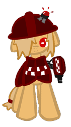 Size: 459x813 | Tagged: safe, artist:castafae, oc, gynoid, pony, robot, robot pony, clothes, female, filly, floppy ears, foal, hair over one eye, hard hat, hat, mini-sentry gun, poncho, ponified, simple background, solo, team fortress 2, transparent background, weapon, wingding eyes
