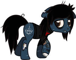 Size: 1218x959 | Tagged: safe, artist:lightningbolt, derpibooru exclusive, earth pony, pony, undead, zombie, zombie pony, g4, the mean 6, .svg available, bags under eyes, bone, bring me the horizon, clone, clothes, evil clone, fangs, floppy ears, frown, lidded eyes, looking back, male, messy mane, messy tail, nose piercing, oliver sykes, piercing, ponified, raised hoof, sad, scar, shirt, show accurate, simple background, solo, stallion, stitches, svg, t-shirt, tail, tattoo, torn ear, transparent background, vector, walking
