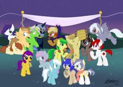 Size: 1280x905 | Tagged: safe, artist:ask-dr-radical, apple fritter, apple strudely, fleetfoot, oc, oc:acrylic, oc:boxie, oc:joen klausen, oc:scribe swirl, oc:short circuit, oc:starswirl, earth pony, pegasus, pony, unicorn, g4, apple family member