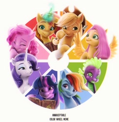 Size: 2121x2160 | Tagged: safe, artist:annaxeptable, applejack, fluttershy, pinkie pie, rainbow dash, rarity, spike, sunset shimmer, twilight sparkle, alicorn, butterfly, earth pony, pegasus, pony, unicorn, g4, g5, alternate hairstyle, book, color wheel, color wheel challenge, g4 to g5, generation leap, high res, magic, magic aura, mane six, simple background, straw in mouth, twilight sparkle (alicorn), white background