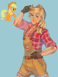Size: 750x1000 | Tagged: safe, artist:mariam246810, applejack, earth pony, human, pony, g4, applejack's hat, belt, blue background, clothes, cowboy hat, female, flannel, freckles, gloves, hat, humanized, mare, overalls, shorts, simple background, solo