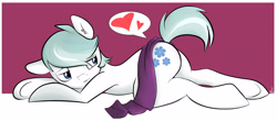 Size: 2838x1246 | Tagged: safe, artist:so-cashi, double diamond, earth pony, pony, g4, bedroom eyes, butt, clothes, heart, lip bite, looking back, lying down, male, plot, raised tail, scarf, solo, stallion, stupid sexy double diamond, tail