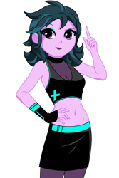 Size: 1194x1786 | Tagged: dead source, safe, artist:rosemile mulberry, zephyr, human, equestria girls, g4, bare shoulders, belly button, black lipstick, breasts, choker, cleavage, clothes, cybergoth, cyberpunk, eyebrows, eyeshadow, female, gauntlet, goth, hand on hip, lipstick, looking at you, makeup, midriff, pointing, raised eyebrow, shadowbolts, simple background, skirt, smiling, smiling at you, solo, tank top, tights, white background