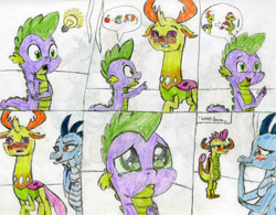 Size: 1012x790 | Tagged: safe, artist:someguy458, princess ember, spike, thorax, changedling, changeling, dragon, g4, blushing, comic, disguise, disguised changeling, dragon thorax, dragoness, embarrassed, female, implied applejack, king thorax, male, no dialogue, pregnant, rule 63, story included, traditional art