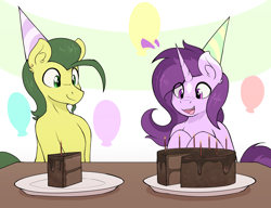 Size: 4150x3192 | Tagged: safe, artist:czu, oc, oc only, oc:czupone, oc:sharp senses, earth pony, pony, unicorn, balloon, birthday, birthday cake, cake, candle, coat markings, colored eartips, duo, ear piercing, earth pony oc, eye clipping through hair, facial markings, food, hat, horn, male, open mouth, open smile, party hat, piercing, smiling, stallion, star (coat marking), unicorn oc