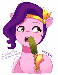 Size: 1569x2048 | Tagged: safe, artist:maren, pipp petals, pegasus, pony, g5, cucumber, eating, female, food, hashtag, herbivore, hoof hold, innuendo, jewelry, mare, open mouth, pickle, popsicle, simple background, solo, text, tiara, vegan, white background