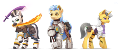Size: 7458x3211 | Tagged: safe, artist:dipfanken, oc, oc only, oc:lucent return, oc:solar orbit, oc:zahari, earth pony, pony, snake, unicorn, zebra, armor, badge, bag, book, chains, clothes, druid, dungeons and dragons, earth pony oc, fantasy class, female, flaming sword, hammer, horn, jacket, jewelry, knight, leather, leather armor, magic, male, mohawk, paladin, pen and paper rpg, plate armor, potion, rpg, saddle bag, scabbard, scar, scarf, scimitar, simple background, sword, tattoo, tome, unicorn oc, vial, warlock, warrior, weapon, white background, zebra oc