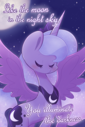 Size: 1200x1800 | Tagged: safe, artist:typhwosion, princess luna, alicorn, pony, g4, eyes closed, moon, positive ponies, solo, stars, text