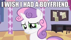 Size: 1920x1080 | Tagged: safe, edit, edited screencap, screencap, sweetie belle, pony, unicorn, g4, season 2, sisterhooves social, caption, crying, female, filly, foal, green eyes, image macro, impact font, implied straight, lonely, looking down, nose wrinkle, pink hair, pink mane, purple hair, purple mane, sad, scrunchy face, solo, text, two toned hair, two toned mane, white coat, white fur, white pony