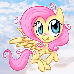 Size: 1280x1280 | Tagged: safe, artist:b3ar_mp3, fluttershy, pegasus, pony, g4, ahoge, chibi, female, flying, looking at you, open mouth, outline, solo, spread wings, turned head, white outline, wings