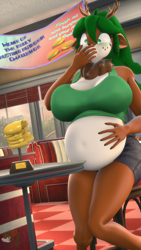 Size: 2160x3840 | Tagged: safe, artist:donglysfm, oc, oc:tea tree, deer, anthro, 3d, antlers, belly, big belly, big breasts, bloated, breasts, bucktooth, burger, deer oc, diner, female, food, food baby, high res, indoors, milf, neck fluff, non-pony oc, revamped anthros, solo, source filmmaker, stuffing, this will end in pain