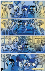 Size: 1660x2588 | Tagged: safe, artist:agnes garbowska, idw, official comic, earth pony, pegasus, pony, unicorn, friends forever #34, g4, my little pony: friends forever, spoiler:comic, baby, baby pony, facial hair, female, foal, male, mare, monochrome, moustache, party, preview, stallion, unnamed character, unnamed pony