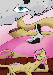 Size: 595x842 | Tagged: safe, artist:dvfrost, oc, oc only, oc:m, oc:sill, chimera, pony, unicorn, comic, gift art, hooves, macro, macro/micro, micro