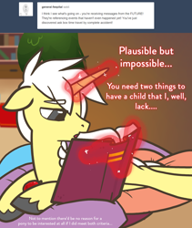 Size: 1110x1318 | Tagged: safe, artist:llimus, oc, oc:alton, pony, unicorn, tumblr:ask alton, book, lying down, magic, male, prone, solo, stallion