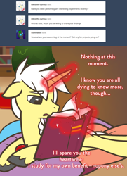 Size: 1110x1529 | Tagged: safe, artist:llimus, oc, oc:alton, pony, unicorn, tumblr:ask alton, book, lying down, magic, male, prone, solo, stallion