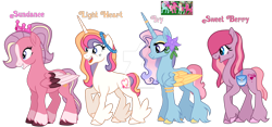 Size: 1280x597 | Tagged: safe, artist:hate-love12, ivy, light heart, sundance (g2), sunsparkle, sweet berry, alicorn, earth pony, pegasus, pony, unicorn, g2, g4, bag, big smile, blaze (coat marking), blue eyes, bracelet, closed mouth, coat markings, colored hooves, colored wings, colored wingtips, concave belly, core four, crown, eyeshadow, facial markings, flower, flower on ear, folded wings, g2 to g4, generation leap, gradient mane, gradient tail, horn, horn ring, jewelry, leg fluff, long horn, makeup, multicolored wings, open mouth, physique difference, ponytail, princess ivy, purple eyes, raised hoof, regalia, ring, saddle bag, simple background, slender, smiling, socks (coat markings), standing, tail, thin, transparent background, unshorn fetlocks, wings
