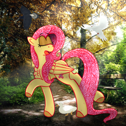 Size: 3500x3500 | Tagged: safe, artist:fluttersharpi, fluttershy, bird, pegasus, pony, g4, animal, chest fluff, cute, cute little fangs, eyes closed, fangs, forest, freckles, high res, real life background