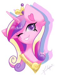 Size: 1080x1440 | Tagged: safe, artist:flower-black, princess cadance, alicorn, pony, g4, bust, cute, female, looking at you, mare, one eye closed, signature, simple background, smiling, solo, white background, wink