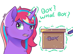 Size: 2307x1689 | Tagged: safe, artist:morrigun, oc, oc only, pony, unicorn, box, bust, cardboard box, eyes open, female, horn, magic, mare, marker, open mouth, signature, simple background, solo, teeth, telekinesis, text, transparent background