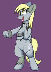 Size: 640x907 | Tagged: safe, artist:woofpoods, derpy hooves, pegasus, pony, g4, clothes, costume, derp face, frankenpony, halloween, halloween 2022, halloween costume, open mouth, photo, purple background, shackles, simple background, solo, stitched body, stitches, tongue out, yellow eyes, yellow mane