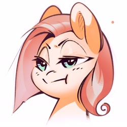 Size: 2817x2817 | Tagged: safe, artist:mirroredsea, oc, oc only, pony, :t, ambiguous gender, bust, female, furrowed brow, high res, lidded eyes, mare, not babs seed, not fluttershy, portrait, simple background, solo, three quarter view, unamused, white background