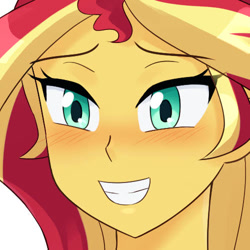 Size: 500x500 | Tagged: safe, artist:riouku, sunset shimmer, human, equestria girls, g4, bedroom eyes, blushing, commission, cropped porn, cute, female, grin, shimmerbetes, simple background, smiling, solo, white background