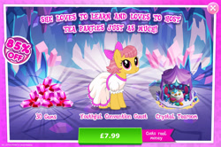 Size: 1961x1301 | Tagged: safe, gameloft, idw, marcie pan, earth pony, pony, g4, my little pony: magic princess, official, advertisement, bow, chair, clothes, costs real money, dress, english, female, gem, hair bow, idw showified, introduction card, mare, mobile game, numbers, sale, solo, table, text