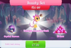 Size: 1263x857 | Tagged: safe, gameloft, idw, marcie pan, earth pony, pony, g4, my little pony: magic princess, official, bow, bundle, chair, clothes, costs real money, dress, english, female, gem, hair bow, idw showified, mare, mobile game, numbers, sale, solo, table, text