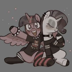 Size: 563x560 | Tagged: safe, artist:tabbytoyger, rarity, twilight sparkle, alicorn, pony, unicorn, g4, album cover, band shirt, black hooves, blushing, choker, closed mouth, clothes, colored hooves, duo, ear piercing, earring, eyes closed, eyeshadow, goth, hoof on shoulder, jewelry, looking at you, makeup, mismatched socks, open mouth, piercing, ponified, ponified album cover, shirt, simple background, smiling, smiling at you, socks, sparkles, spiked choker, spiked wristband, spread wings, striped socks, sweater, system of a down, t-shirt, thigh socks, twilight sparkle (alicorn), wings, wristband