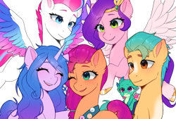 Size: 2215x1500 | Tagged: safe, artist:xiaowu07, hitch trailblazer, izzy moonbow, pipp petals, sparky sparkeroni, sunny starscout, zipp storm, dragon, earth pony, pegasus, pony, unicorn, g5, female, hug, looking at each other, looking at someone, male, mane five, mare, ponytail, simple background, smiling, stallion