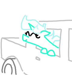 Size: 500x522 | Tagged: safe, artist:purblehoers, lyra heartstrings, pony, unicorn, g4, behaving like a dog, eyes closed, female, mare, ms paint, pickup truck, simple background, smiling, solo, truck, white background, window, windswept mane