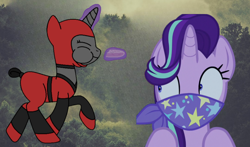 Size: 1080x636 | Tagged: safe, artist:author92, edit, starlight glimmer, pony, unicorn, g4, bondage, bound and gagged, cloth gag, clothes, duo, duo female, female, gag, kidnapped, ninja, over the nose gag, scarf, scarf gag, starlight's gag
