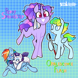 Size: 2048x2048 | Tagged: safe, artist:3ggmilky, rainbow dash, rarity, oc, oc:opalescence flash, oc:peppy springstep, pegasus, pony, unicorn, g4, blind, gradient background, high res, magical lesbian spawn, offspring, parent:rainbow dash, parent:rarity, parents:raridash, walking stick