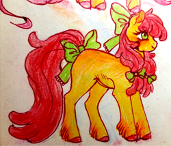 Size: 1100x942 | Tagged: safe, artist:lexkko, apple bloom, earth pony, pony, g4, blushing, bow, female, filly, foal, smiling, solo, tail, tail bow, traditional art, unshorn fetlocks, wrong eye color