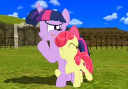 Size: 1069x748 | Tagged: safe, artist:supercarlosvillar, apple bloom, twilight sparkle, earth pony, pony, unicorn, g4, 3d, blushing, eyes closed, female, filly, foal, hug, lon lon ranch, mare, mmd, smiling, the legend of zelda, the legend of zelda: ocarina of time